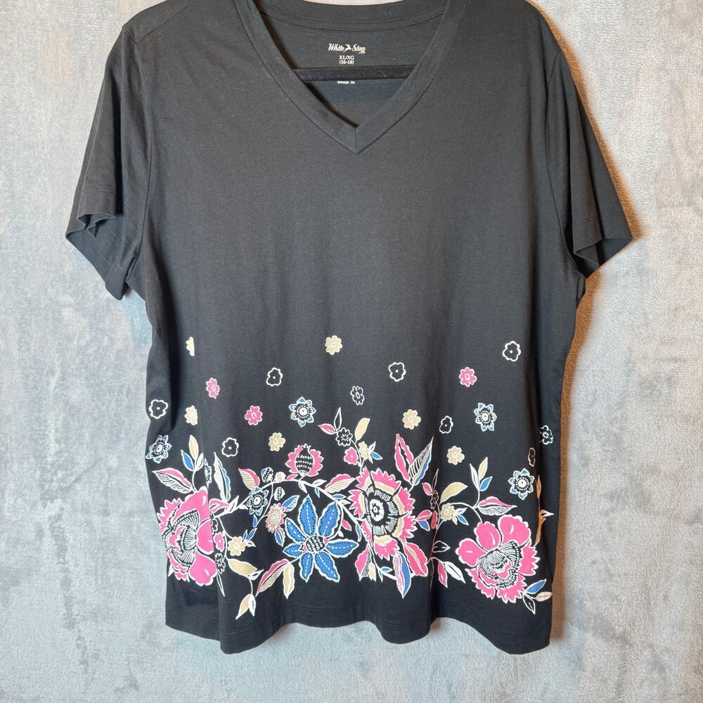 White Stag Floral Top Womens XL 16-18 Black V Neck Short Sleeve Shirt - Picture 2 of 6